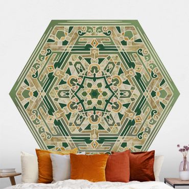 Papel de parede hexagonal Hexagonal Mandala In Green With Gold