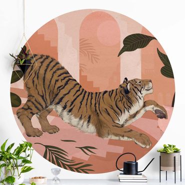 Papel de parede redondo Illustration Tiger In Pastel Pink Painting