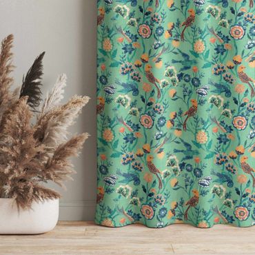 Cortinas Indian Pattern Birds with Flowers Turquoise