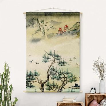 Tapeçaria de parede Japanese Watercolour Drawing Pine Tree And Mountain Village