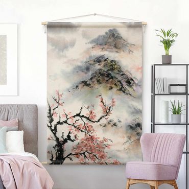Tapeçaria de parede Japanese Watercolour Drawing Cherry Tree And Mountain