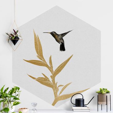 Papel de parede hexagonal Hummingbird And Tropical Golden Blossom II