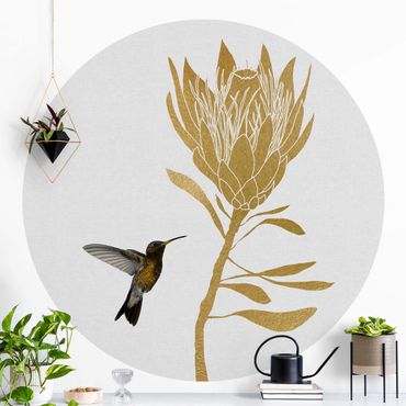 Papel de parede redondo Hummingbird And Tropical Golden Blossom