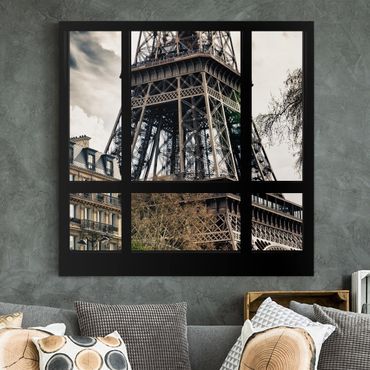 Telas decorativas Window view Paris - Near the Eiffel Tower black and white