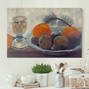 Telas decorativas Paula Modersohn-Becker - Still Life with frosted Glass Mug, Apples and Pine Branch