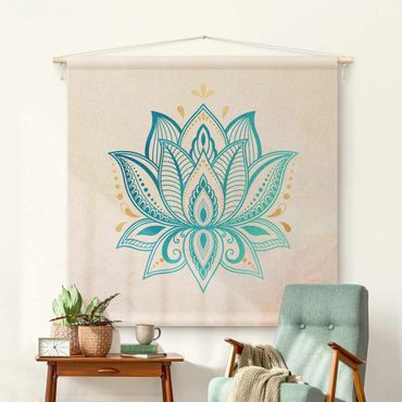 Tapeçaria de parede Lotus Illustration Mandala Gold Blue