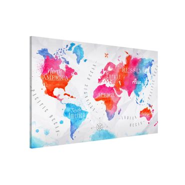 Quadros magnéticos World Map Watercolour Red Blue