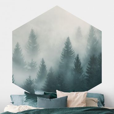 Papel de parede hexagonal Coniferous Forest In Fog