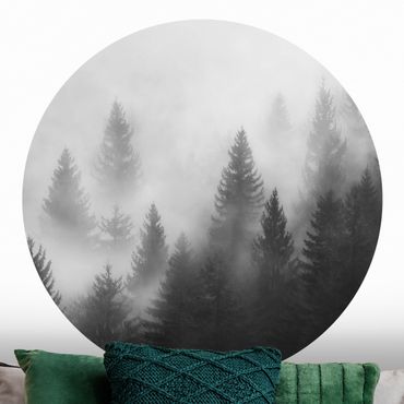 Papel de parede redondo Coniferous Forest In The Fog Black And White