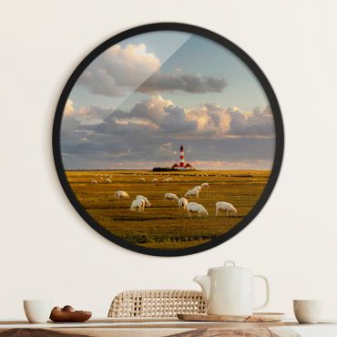 Quadros com moldura North Sea Lighthouse With Flock Of Sheep