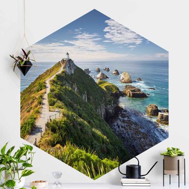 Papel de parede hexagonal Nugget Point Lighthouse And Sea New Zealand
