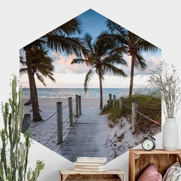 Papel de parede hexagonal Palm Trees At Boardwalk To The Ocean