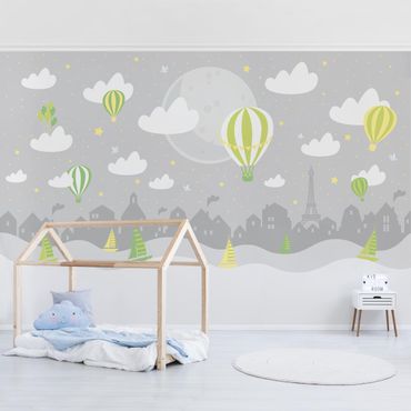 Mural de parede Paris With Stars And Hot Air Balloon In Grey