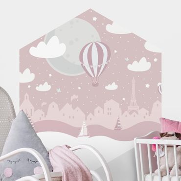 Papel de parede hexagonal Paris With Stars And Hot Air Balloon In Pink