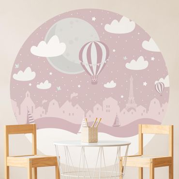 Papel de parede redondo Paris With Stars And Hot Air Balloon In Pink
