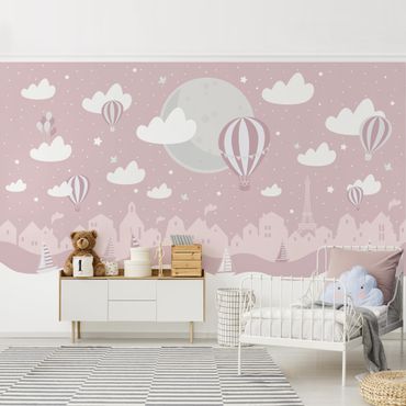 Mural de parede Paris With Stars And Hot Air Balloon In Pink