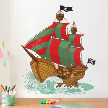 Autocolantes de parede Pirate Ship with red and green Sails