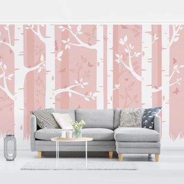 Mural de parede Pink Birch Forest With Butterflies And Birds