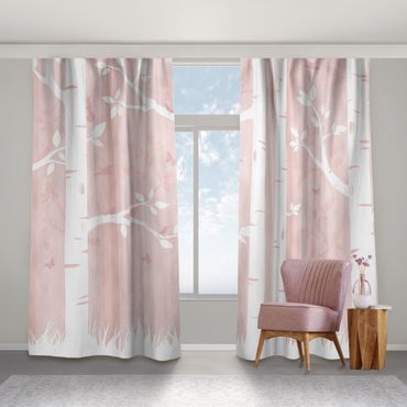 Cortinas Pink Birch Forest With Butterflies And Birds