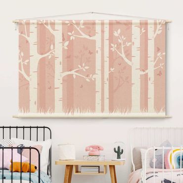 Tapeçaria de parede Pink Birch Forest With Butterflies And Birds