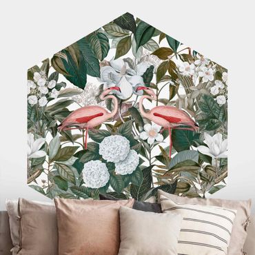 Papel de parede hexagonal Pink Flamingos With Leaves And White Flowers