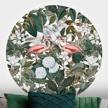 Papel de parede redondo Pink Flamingos With Leaves And White Flowers
