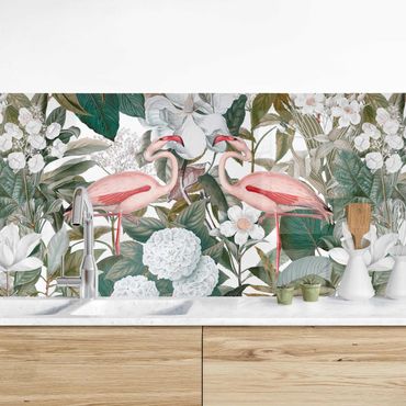Backsplash de cozinha Pink Flamingos With Leaves And White Flowers