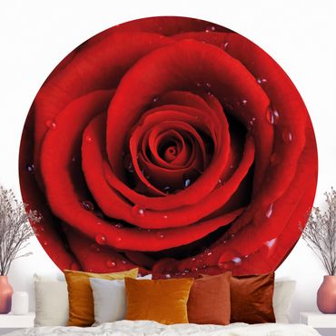 Papel de parede redondo Red Rose With Water Drops