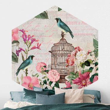 Papel de parede hexagonal Shabby Chic Collage - Pink Flowers And Blue Birds