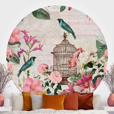 Papel de parede redondo Shabby Chic Collage - Pink Flowers And Blue Birds