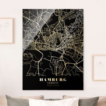 Quadros em vidro Hamburg City Map - Classic Black
