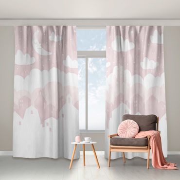 Cortinas Starry Sky With Houses And Moon In Light Pink