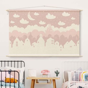 Tapeçaria de parede Starry Sky With Houses And Moon In Light Pink