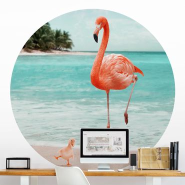 Papel de parede redondo Beach With Flamingo