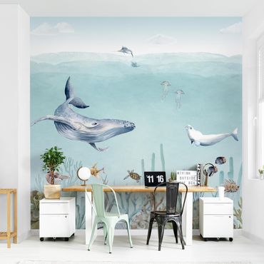 Mural de parede Dancing whales on the coral reef