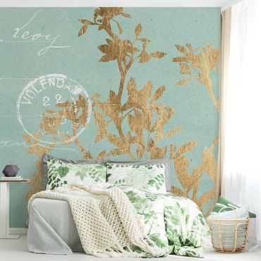 Mural de parede Golden Leaves On Turquoise II