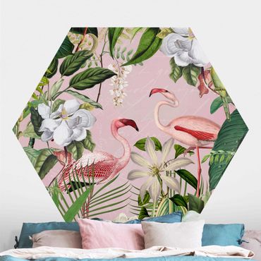 Papel de parede hexagonal Tropical Flamingos With Plants In Pink