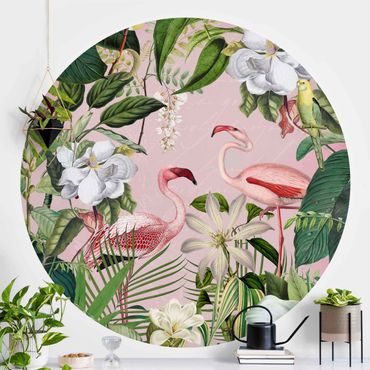 Papel de parede redondo Tropical Flamingos With Plants In Pink
