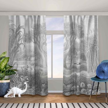 Cortinas Tropical Copperplate Engraving Garden With Pond In Grey
