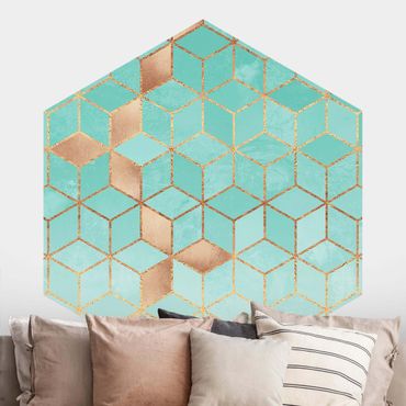 Papel de parede hexagonal Turquoise White Golden Geometry
