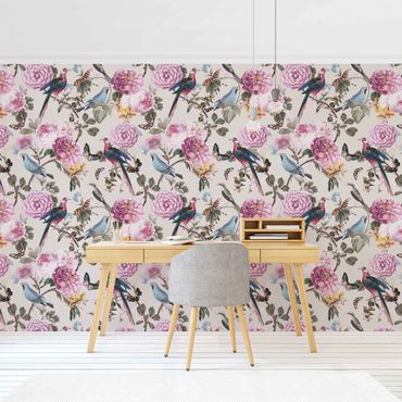 Mural de parede Vintage Illustration Bird Of Paradise And Peonies XXL