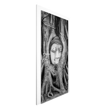 Papel de parede para porta Buddha In Ayutthaya Lined From Tree Roots In Black And White
