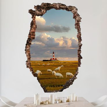 Autocolantes de parede North Sea Lighthouse With Flock Of Sheep