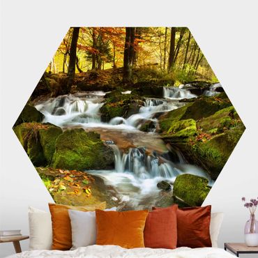 Papel de parede hexagonal Waterfall Forest In The Fall