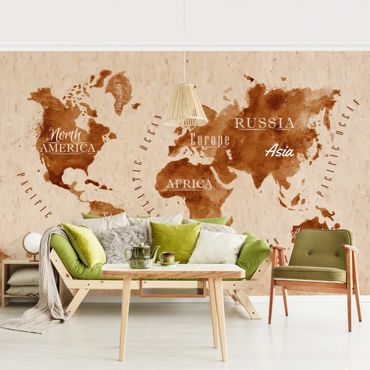 Mural de parede World Map Watercolour Beige Brown