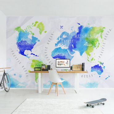 Mural de parede World Map Watercolour Blue Green