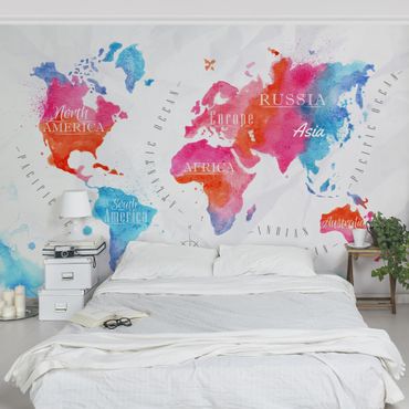 Mural de parede World Map Watercolour Red Blue