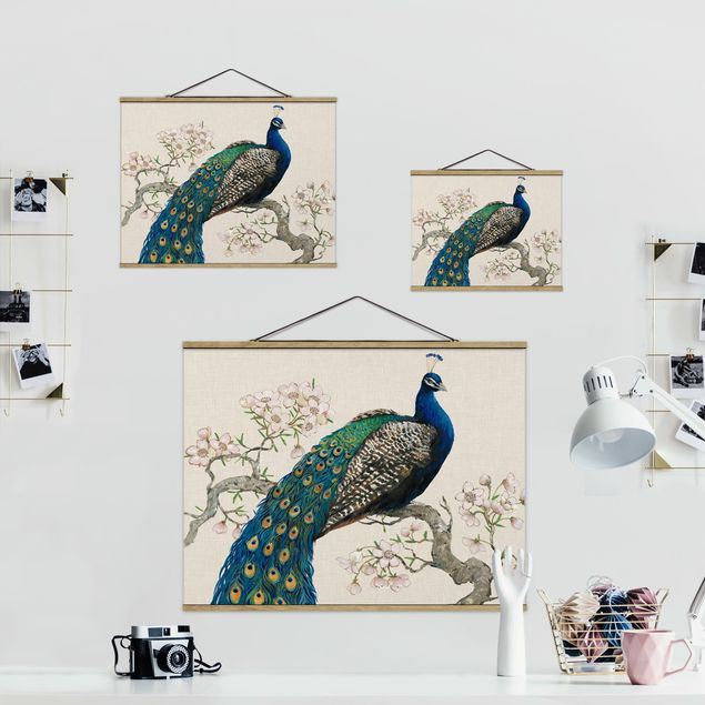 quadros para parede Vintage Peacock With Cherry Blossoms