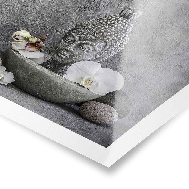 Quadros em cinza Zen Buddha, Orchid And Stone