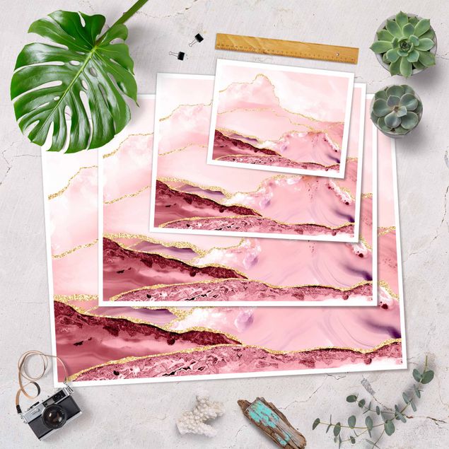 quadros para parede Abstract Mountains Pink With Golden Lines